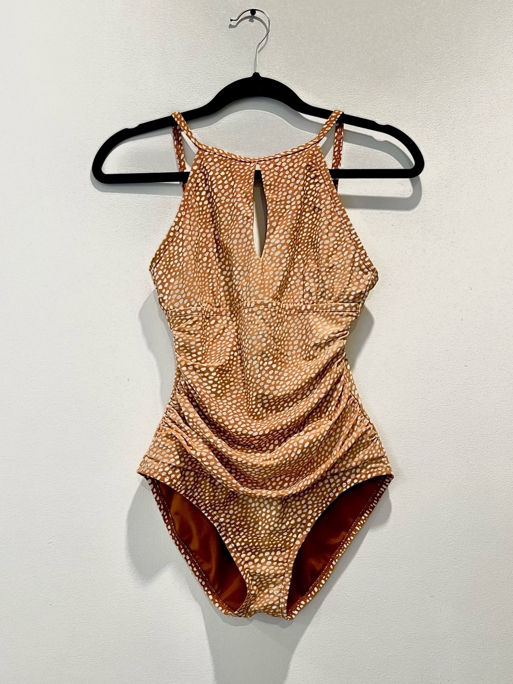 Ellen Tracy Keyhole Ruched Orange Brown White Dot High Neck One Piece Swimsuit